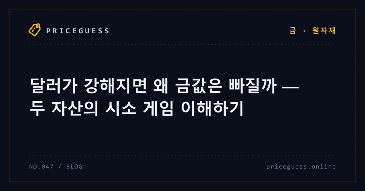 달러가 강해지면 왜 금값은 빠질까 — 두 자산의 시소 게임 이해하기 — PriceGuess 블로그 타이틀 카드
