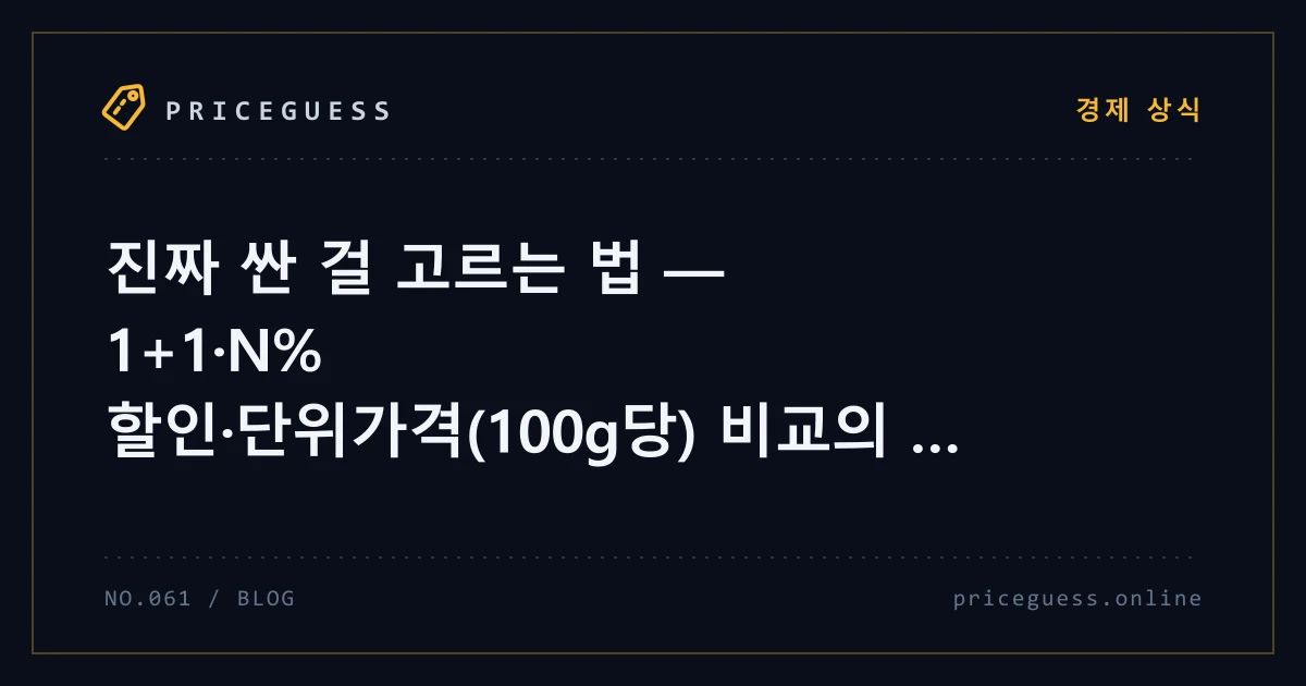 진짜 싼 걸 고르는 법 — 1+1·N% 할인·단위가격(100g당) 비교의 기술 — PriceGuess 블로그 타이틀 카드