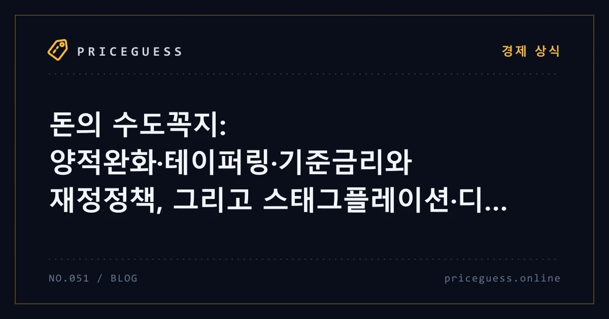 돈의 수도꼭지: 양적완화·테이퍼링·기준금리와 재정정책, 그리고 스태그플레이션·디플레이션 — PriceGuess 블로그 타이틀 카드